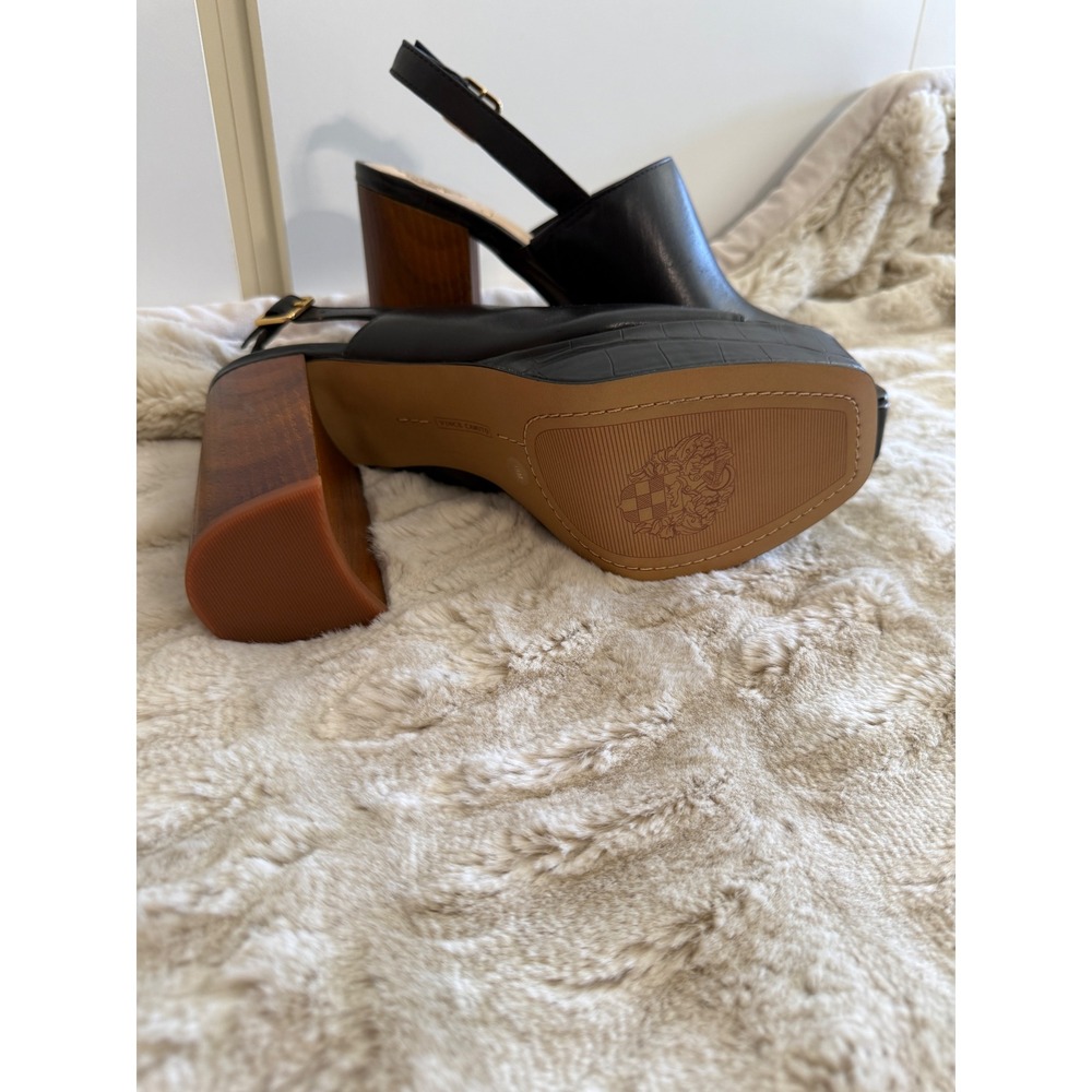 Vince Camuto Black Leather Platform Slingback Wood Block Heel Sandals Square Toe - Picture 4 of 9